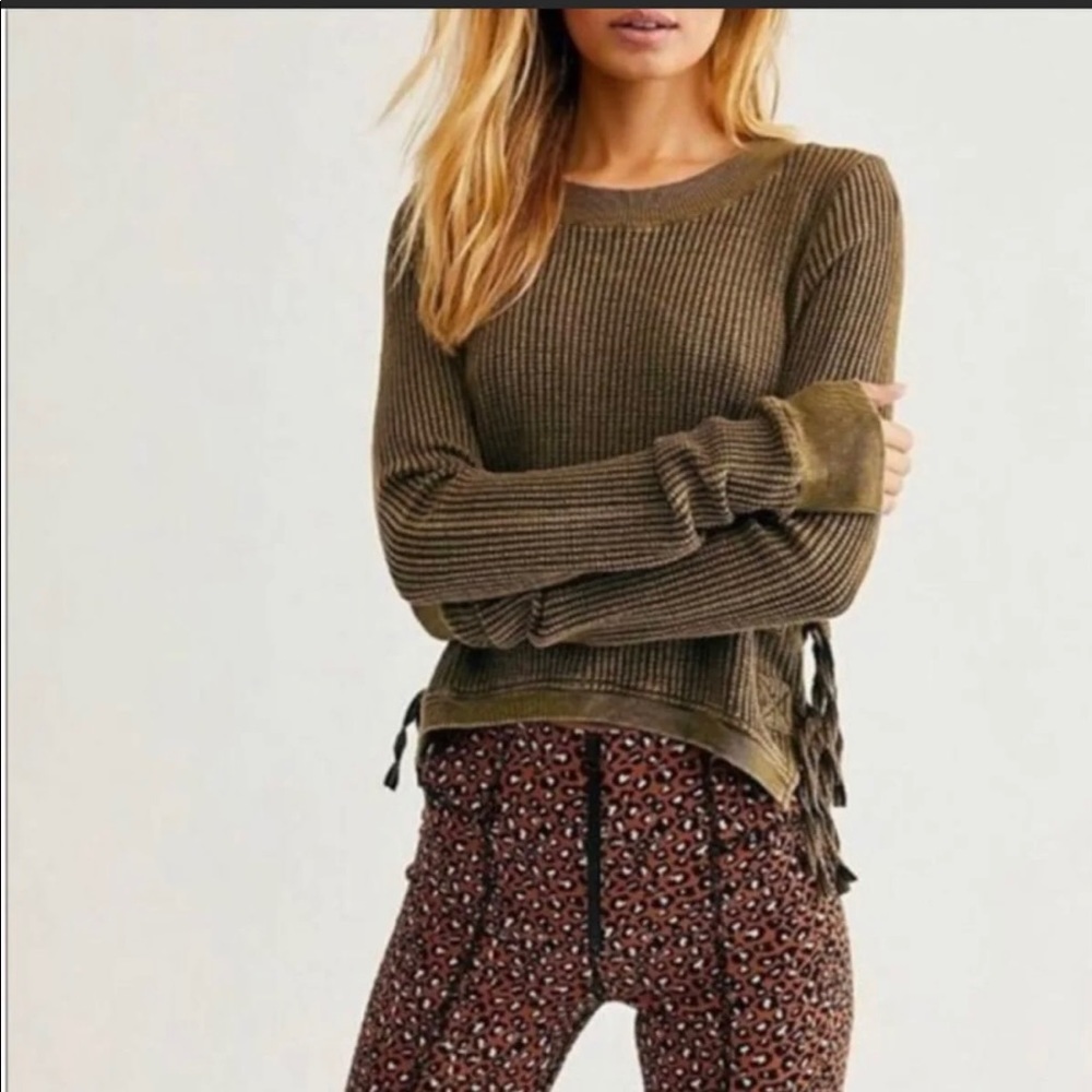 Free People Waffled Long Sleeve Top Army Green Small